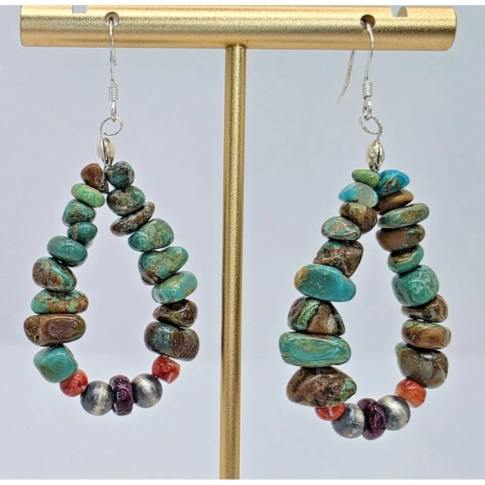 Turquoise‎ Nugget Dangle Earrings Red Coral Navajo Pearls 2
